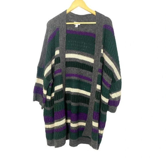 Per Se Sweaters - Per Se Wool Blend Open Front Striped Cardigan